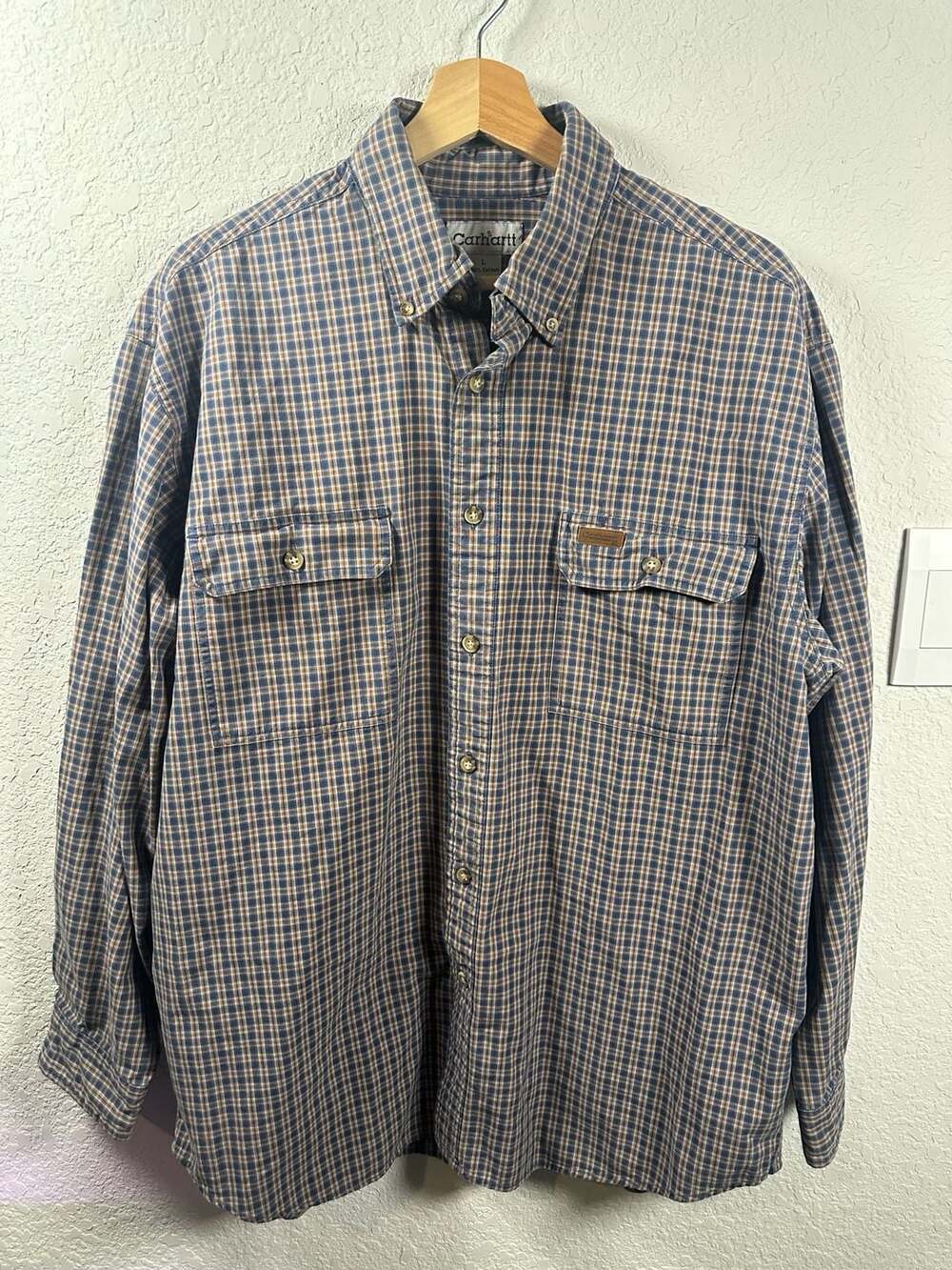 Carhartt Button Down Shirt Size L Blue Brown Plaid